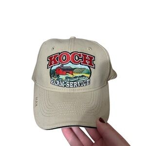 Vintage Koch Farm Service Embroidered Adjustable Hat Tan Farming Red Bard Scene